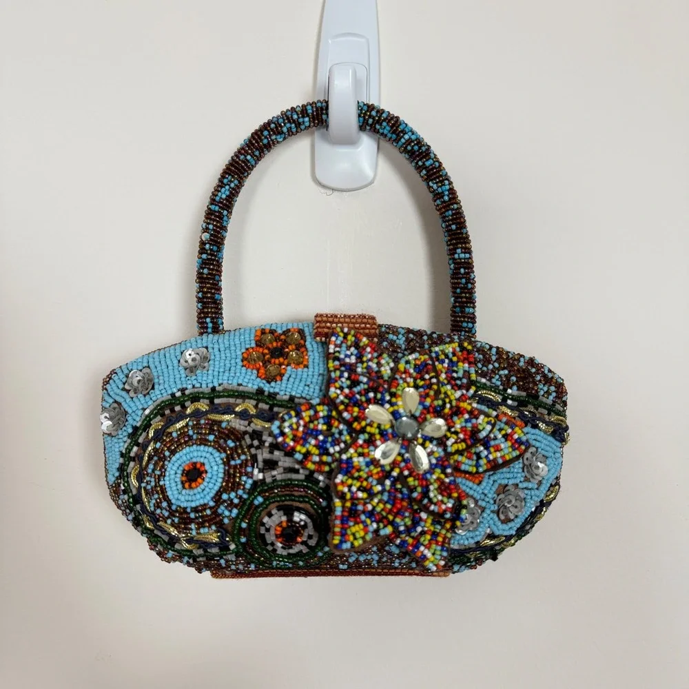 Beaded Floral Top Handle Bag Small Boho Eclectic Multicolor Purse